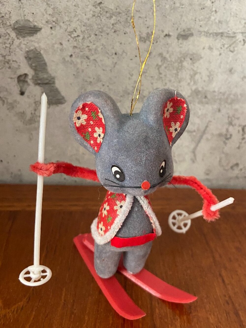 Vintage Skiing Mouse Christmas Ornament – Flocked Grey & Red – 3”